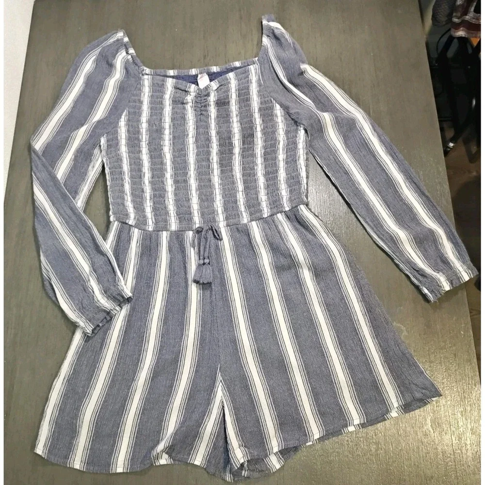 Justice Girls Size 14 Blue White Striped Long Sleeve Romper Smocked Bodice...
